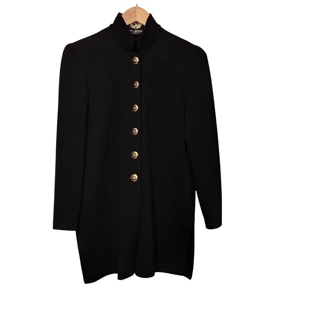 St John Basics Cardigan Jacket Womens M Black Santana Knit Gold Crest Buttons